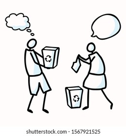 Hand Drawn Stick Figures Trash Collecting with Speech Bubbles. Concept of Clean Up Earth Day Communication. Comic Icon Motif for Environmental Earth Day, Volunteer Clip Art Illustration. Vector Eps 10
