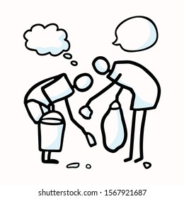 Hand Drawn Stick Figures Trash Collecting with Speech Bubbles. Concept of Clean Up Earth Day Communication. Comic Icon Motif for Environmental Earth Day, Volunteer Clip Art Illustration. Vector Eps 10