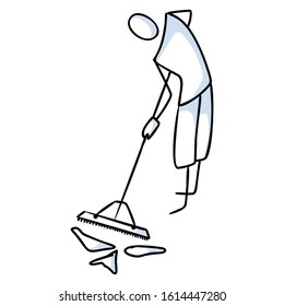 Hand drawn stick figures trash sweeping. Concept of clean up earth day. Simple icon motif for environmental earth day, volunteer clipart, eco rubbish recycling illustration. Vector EPS 10. 