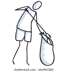 Hand drawn stick figures trash black bag. Concept of clean up earth day. Simple icon motif for environmental earth day, volunteer clipart, recycling illustration. Vector EPS 10. 