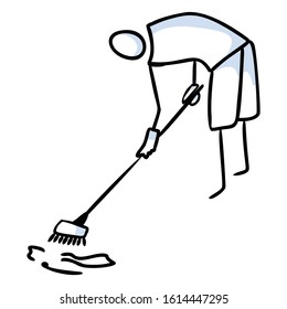 Hand drawn stick figures trash sweeping with broom. Concept of clean up earth day. Simple icon motif for environmental earth day, volunteer clipart, eco rubbish recycling illustration. Vector EPS 10. 