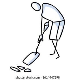 Hand drawn stick figures trash cleaning with spade. Concept of clean up earth day. Simple icon motif for environmental earth day, volunteer clipart, eco rubbish recycling illustration. Vector EPS 10. 