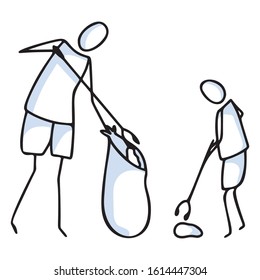 Hand drawn stick figures trash sweeping teamwork. Concept of clean up earth day. Simple icon motif for environmental earth day, volunteer clipart, parent and child recycling illustration. Vector.