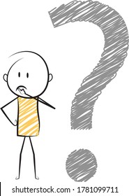 hand drawn stick man stand in thinking pose with question mark behind of stickman. business concept art.