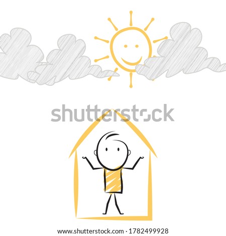 hand drawn stick man stay  at home in sunny and cloudy weather.business concept.