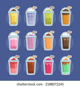 Hand drawn sticker bubble tea flavor drink set