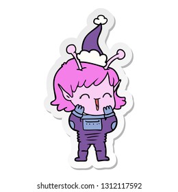 hand drawn sticker cartoon of a alien girl giggling wearing santa hat