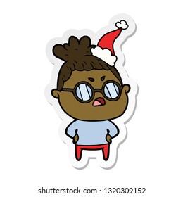 hand drawn sticker cartoon of a annoyed woman wearing santa hat
