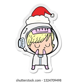 hand drawn sticker cartoon of a astronaut woman wearing santa hat