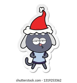 hand drawn sticker cartoon of a bored dog wearing santa hat