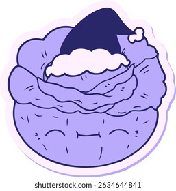 desenho à mão desenho adesivo cartoon de um repolho vestindo chapéu de santa em cores neon brilhantes