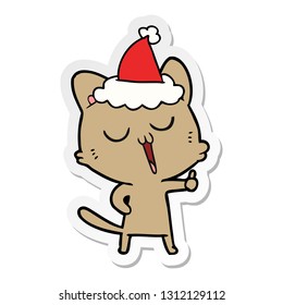 hand drawn sticker cartoon of a cat singing wearing santa hat