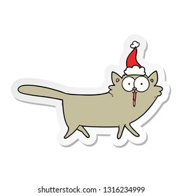 hand drawn sticker cartoon of a cat wearing santa hat