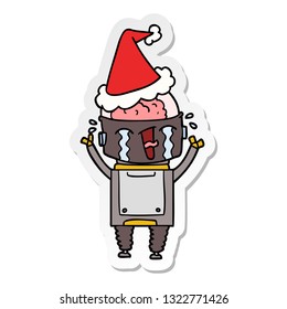 hand drawn sticker cartoon of a crying robot wearing santa hat
