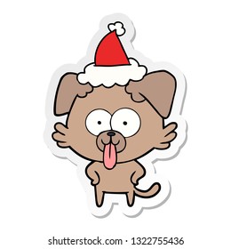 hand drawn sticker cartoon of a dog with tongue sticking out wearing santa hat