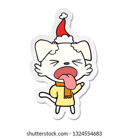 hand drawn sticker cartoon of a dog wearing scarf and pullover wearing santa hat