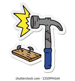 Hand Drawn Sticker Cartoon Doodle Of A Hammer And Nails