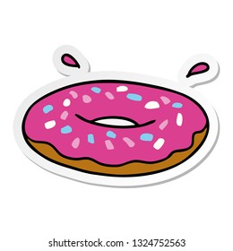 hand drawn sticker cartoon doodle of an iced ring donut