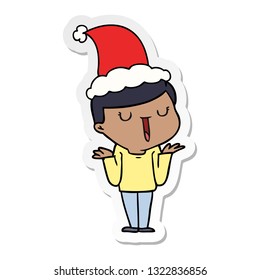 hand drawn sticker cartoon of a happy boy with no worries wearing santa hat