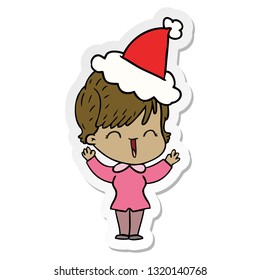 hand drawn sticker cartoon of a laughing woman wearing santa hat