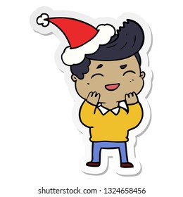 hand drawn sticker cartoon of a man laughing wearing santa hat