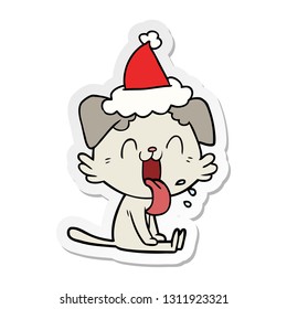 hand drawn sticker cartoon of a panting dog wearing santa hat