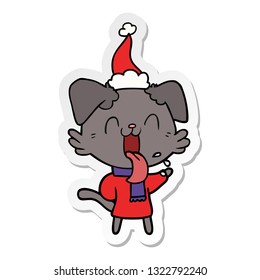 hand drawn sticker cartoon of a panting dog wearing santa hat