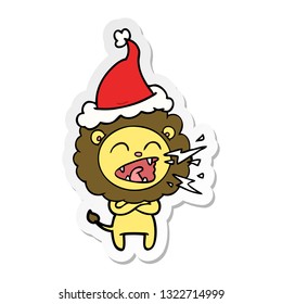 hand drawn sticker cartoon of a roaring lion wearing santa hat