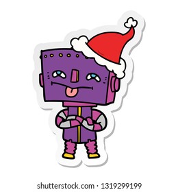 hand drawn sticker cartoon of a robot wearing santa hat