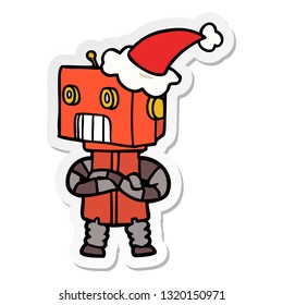 hand drawn sticker cartoon of a robot wearing santa hat