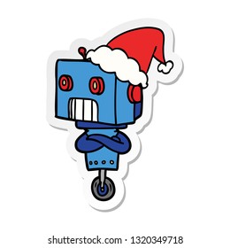 hand drawn sticker cartoon of a robot wearing santa hat