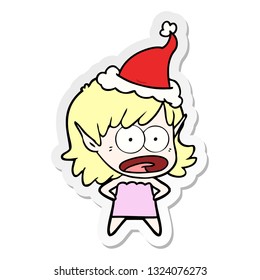 hand drawn sticker cartoon of a shocked elf girl wearing santa hat