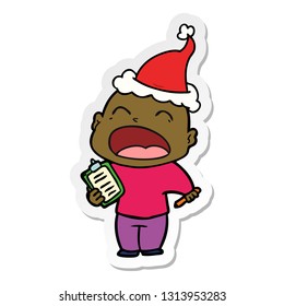 hand drawn sticker cartoon of a shouting bald man wearing santa hat