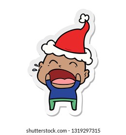 hand drawn sticker cartoon of a shouting bald man wearing santa hat