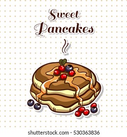 Hand drawn sticker. Cartoon stack of pancakes with syrup and berries. Series of pancakes with various ingredients. Vector illustration