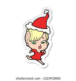 hand drawn sticker cartoon of a surprised girl wearing santa hat