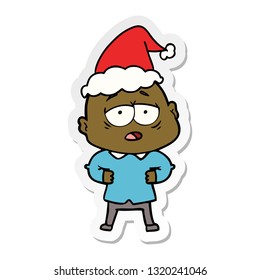 hand drawn sticker cartoon of a tired bald man wearing santa hat