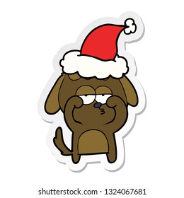 hand drawn sticker cartoon of a tired dog wearing santa hat