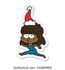 hand drawn sticker cartoon of a tired woman wearing santa hat