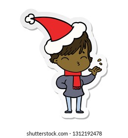 hand drawn sticker cartoon of a woman thinking wearing santa hat