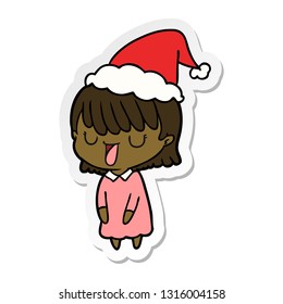 hand drawn sticker cartoon of a woman wearing santa hat