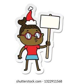 hand drawn sticker cartoon of a woman wearing glasses wearing santa hat