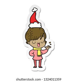 hand drawn sticker cartoon of a woman talking wearing santa hat