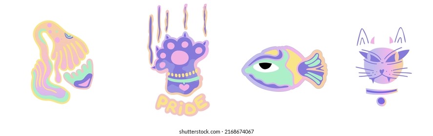 Hand drawn sticker with cat  paw power.Pride vector isolated eyes flat style.Fish and flower gradient design element