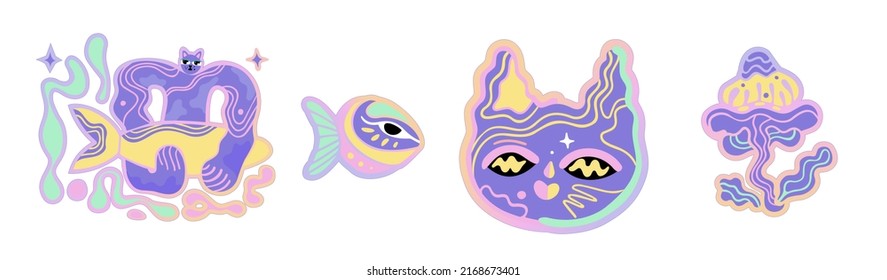 Hand drawn sticker with cat power.Pride vector isolated eyes flat style.Fish and flower.Kitten face illustration design