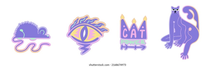 Hand drawn sticker with cat power.Pride vector isolated eyes flat style.crown mouse and eyes gradient design 