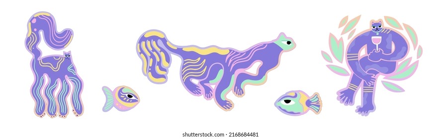 Hand drawn sticker with cat power.Pride vector isolated eyes flat style.kitty and fish gradient design animal simple