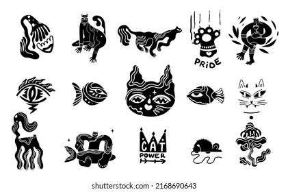 Hand drawn sticker with cat power.Pride vector isolated eyes flat style.Black silhouette flower and paw.Kitty eye. flat design abstract.doodle.Paw and mouse.claw  