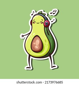 Hand drawn sticker of cute kawaii avocado in headphones in doodle style. Cute avocado sticker, icon, mascot or logo.