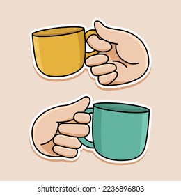 Hand drawn sticker doodle hands with cups vector illustration